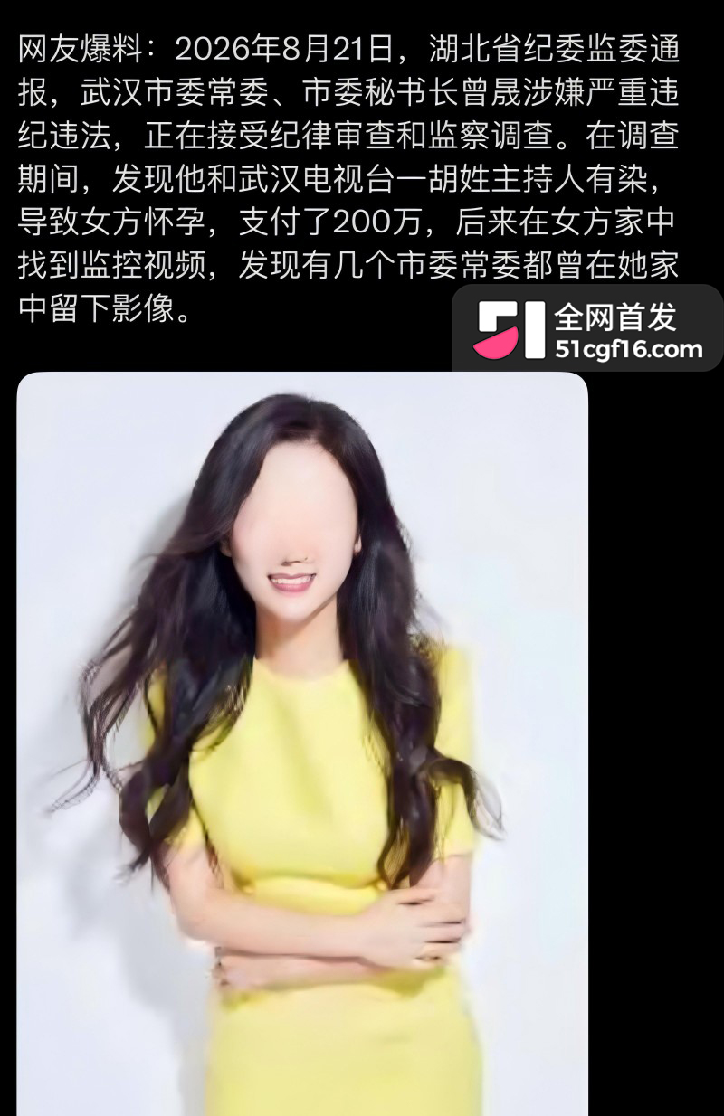 武汉市委秘书长 曾晟 与主持人情妇胡颖 丑闻曝光 怒砸200万孕费企图息事宁人！